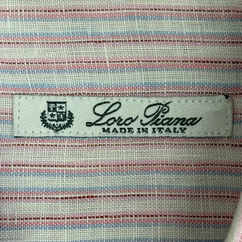 Loro Piana 100% Linen Shirt Mens XL 17 43 Long Sleeve Pink Pastel Striped Italy - Picture 3 of 11